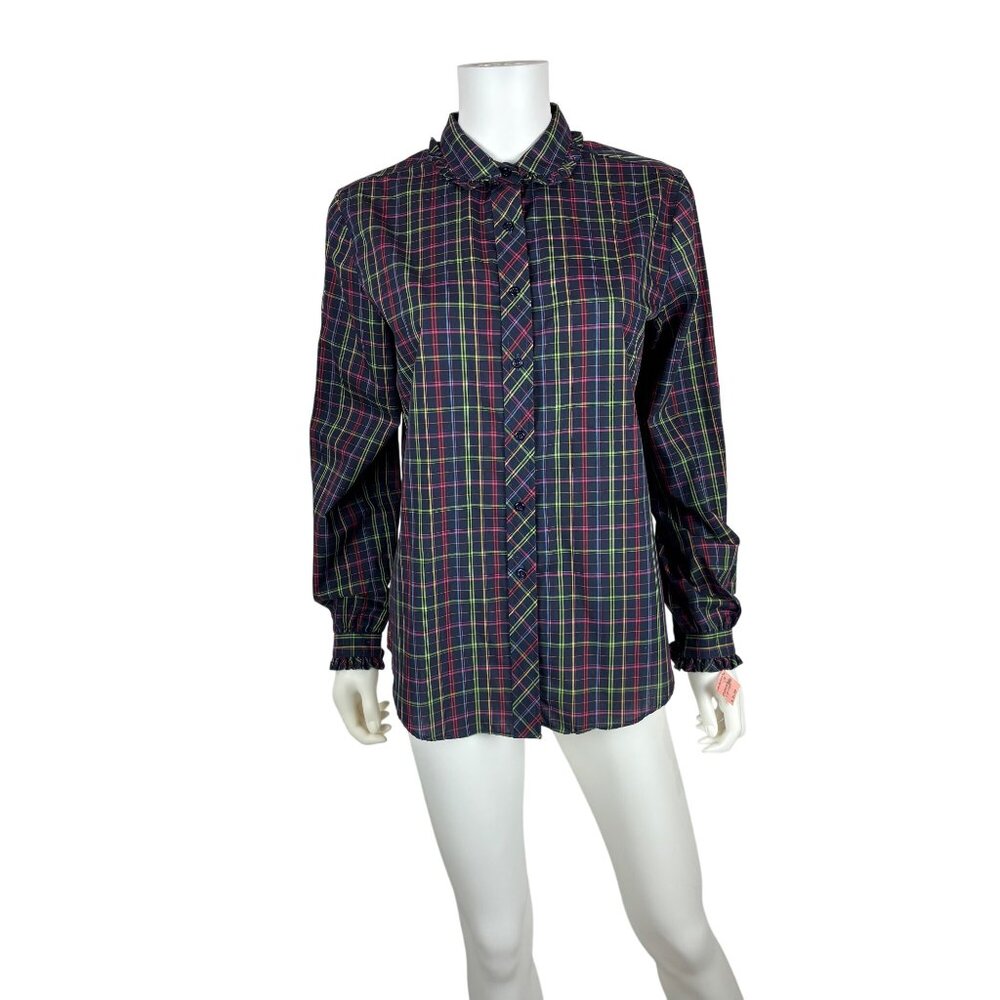 Vintage 80s Plaid Shirt Womens Large Deadstock Button Down Ruffle Collar Top